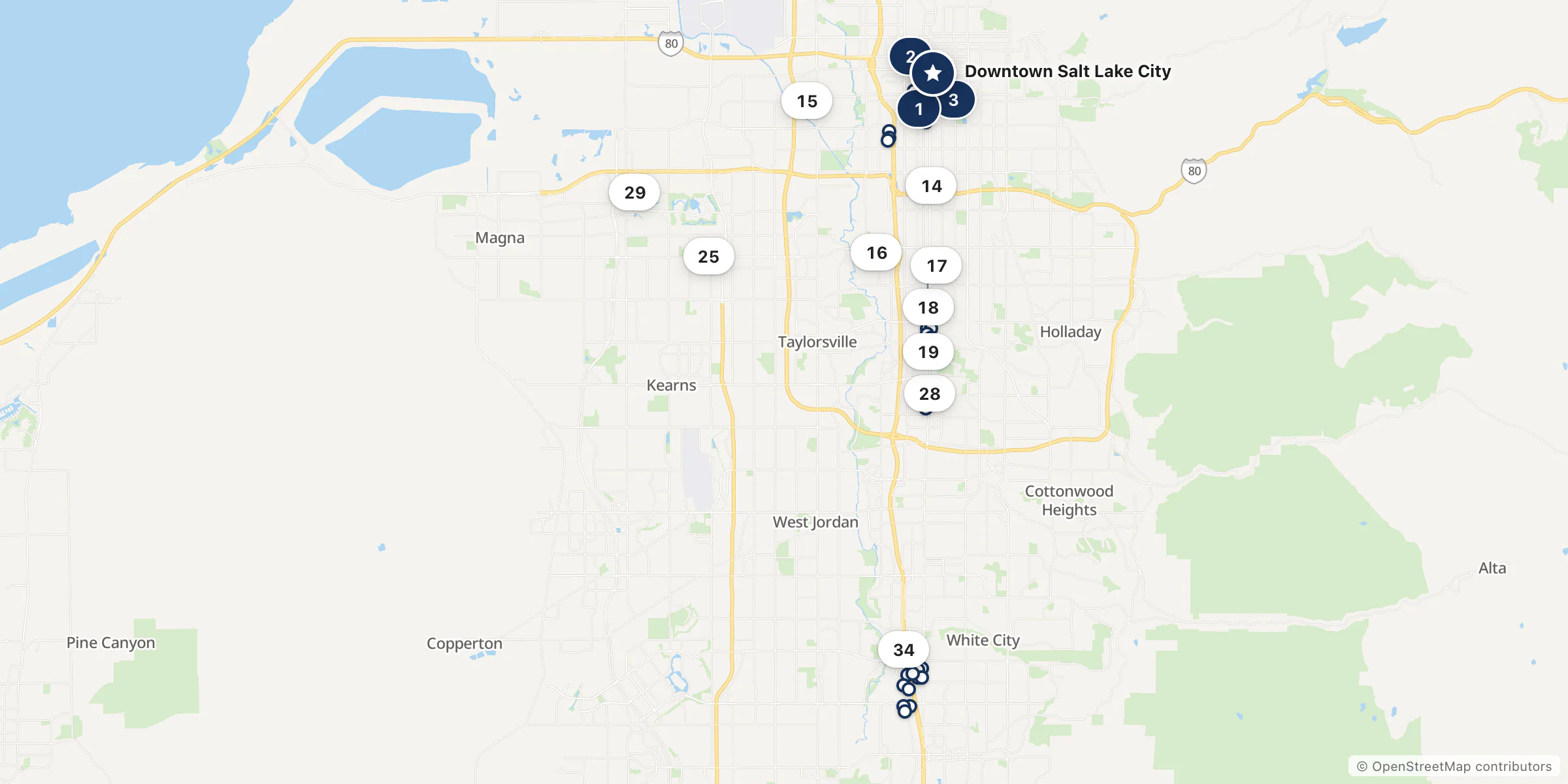 Map of the 47 franchise car dealers in Salt Lake County, numbered as in the table