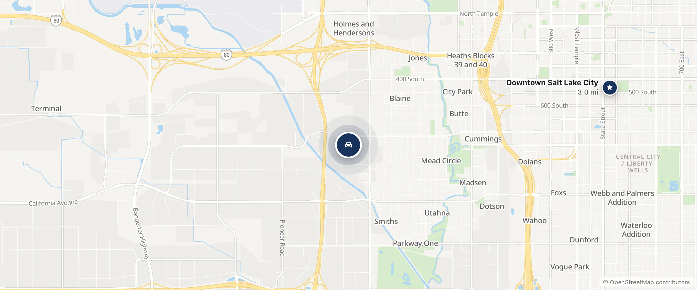 Map showing the location of Rivian Salt Lake City Service + Demo Center